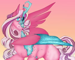 Size: 2048x1658 | Tagged: safe, artist:inisealga, princess cadance, alicorn, crystal pony, pony, g4, alternate design, crystal, crystallized, female, mare, multicolored hair, multicolored mane, multicolored tail, redesign, solo, spread wings, tail, wing fluff, wings