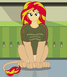 Size: 1980x2262 | Tagged: safe, artist:badumsquish, derpibooru exclusive, sunset shimmer, monster girl, sphinx, equestria girls, g4, breasts, busty sunset shimmer, clothes, female, folded wings, lidded eyes, lockers, looking at you, meme, raised eyebrow, school, shirt, sitting, smiling, smirk, smug, solo, species swap, sphinxified, t-shirt, the lion of gripsholm, wings