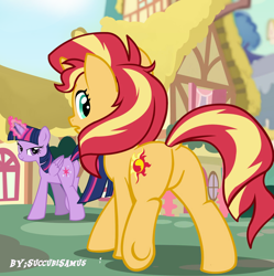 Size: 1250x1257 | Tagged: safe, artist:succubi samus, edit, editor:gmaplay, sunset shimmer, twilight sparkle, alicorn, pony, unicorn, g4, bacon hair, bedroom eyes, bunset shimmer, butt, cute, duo, duo female, featureless crotch, female, glowing, horn, house, lesbian, looking back, magic, mare, plot, ponyville, raised hoof, ship:sunsetsparkle, shipping, show accurate, sign, sunset shimmer day, surprised, teasing, twilight sparkle (alicorn)