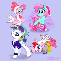 Size: 1890x1897 | Tagged: safe, artist:anarquer, minty, pinkie pie, rarity, earth pony, pony, unicorn, g3, g4, alternate hairstyle, animal costume, candy, chicken pie, chicken suit, christmas, clothes, costume, food, hat, heart, holiday, punk, raripunk, santa hat, socks, that pony sure does love socks