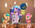 Size: 1326x1078 | Tagged: safe, artist:red4567, hitch trailblazer, izzy moonbow, sunny starscout, earth pony, pony, unicorn, g4, g5, 3d, atg 2022, baby bottle, balancing, barrel, blaze (coat marking), chair, coat markings, dialogue, donut, facial markings, female, food, g5 to g4, generation leap, globe, hockey mask, ice cream, ice cream cone, male, mare, mask, microphone, newbie artist training grounds, office chair, socks (coat markings), source filmmaker, stallion, trio
