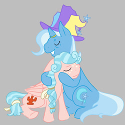 Size: 1378x1378 | Tagged: safe, artist:transpool, cozy glow, trixie, pegasus, pony, unicorn, g4, a better ending for cozy, adopted offspring, cozybetes, cozylove, cute, diatrixes, eyes closed, happy, headcanon, horn, horn ring, hug, ring, smiling