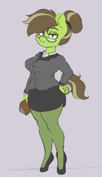 Size: 827x1437 | Tagged: safe, artist:somefrigginnerd, oc, oc only, oc:honeydew, earth pony, anthro, unguligrade anthro, big breasts, breasts, business suit, businessmare, busty oc, clipboard, clothes, eyeshadow, female, glasses, hair bun, lidded eyes, makeup, office lady, skirt, solo