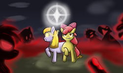 Size: 1182x708 | Tagged: safe, artist:scootieloo, apple bloom, oc, oc:ruby (story of the blanks), earth pony, pony, story of the blanks, g4, female, filly, foal