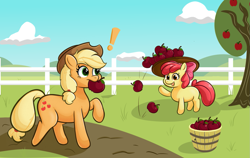Size: 1311x830 | Tagged: safe, artist:scootieloo, apple bloom, applejack, earth pony, pony, g4, apple, apple bloom's bow, apple sisters, apple tree, applejack's hat, blank flank, bow, bucket, cowboy hat, duo, duo female, exclamation point, female, fence, filly, foal, food, hair bow, hat, herbivore, mare, mouth hold, open mouth, open smile, raised hoof, siblings, sisters, smiling, tree, waving