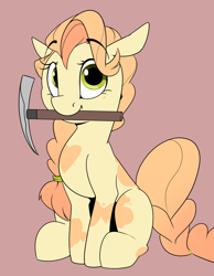 Size: 1574x2030 | Tagged: safe, artist:luxsimx, oc, oc only, oc:shortround, earth pony, pony, brown background, earth pony oc, female, looking at you, mare, mouth hold, pickaxe, simple background, sitting, smiling, smiling at you, solo