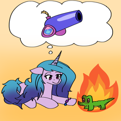 Size: 2000x2000 | Tagged: safe, artist:artevi, gummy, izzy moonbow, alligator, pony, unicorn, g4, g5, atg 2022, bracelet, cannon, female, fire, friendship bracelet, high res, hilarious in hindsight, jewelry, male, mare, newbie artist training grounds, on fire, party cannon, this is fine, thought bubble