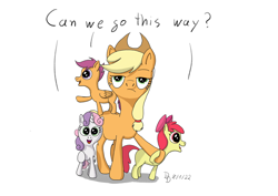 Size: 1200x849 | Tagged: safe, artist:darkdabula, apple bloom, applejack, scootaloo, sweetie belle, earth pony, pegasus, pony, unicorn, g4, applejack is not amused, atg 2022, cutie mark crusaders, dialogue, female, filly, foal, mare, newbie artist training grounds, simple background, unamused, white background