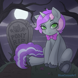 Size: 2048x2048 | Tagged: safe, artist:bluecocoaart, oc, oc only, pony, unicorn, bare tree, colored pupils, commission, grave, gravestone, graveyard, high res, moon, moonlight, night, sitting, solo, tree, ych result