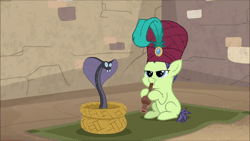 Size: 600x338 | Tagged: safe, screencap, cucumber seed, rumble, cobra, earth pony, pegasus, pony, snake, g4, marks and recreation, season 7, animated, basket, blank flanks forever, cartoon physics, colt, duo, duo male, foal, gif, male, snake charmin' flute, snake charming, think of the life you have