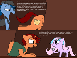 Size: 2000x1500 | Tagged: safe, artist:blazewing, oc, oc only, oc:pastel macaroon, oc:syntax, oc:tough cookie, earth pony, pony, unicorn, 2 panel comic, atg 2022, aunt and niece, belly, cave, chubby, clothes, comic, diamond, drawpile, fat, fedora, female, filly, foal, freckles, glasses, hat, hole, male, mare, newbie artist training grounds, smiling, stallion, stuck, text, unamused, vest