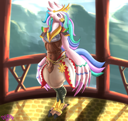 Size: 5276x5000 | Tagged: safe, artist:derpx1, princess celestia, bird, rito, anthro, g4, absurd resolution, balcony, clothes, commission, crown, eyebrows, female, jewelry, looking at you, regalia, signature, solo, species swap, the legend of zelda