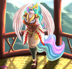 Size: 5276x5000 | Tagged: safe, alternate version, artist:derpx1, princess celestia, alicorn, bird, rito, anthro, g4, absurd resolution, bedroom eyes, breasts, busty princess celestia, clothes, eyebrows, female, high heels, looking at you, partially open wings, shoes, signature, solo, the legend of zelda, the legend of zelda: breath of the wild, thicc thighs, thighs, thunder thighs, wings