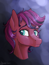 Size: 1800x2400 | Tagged: safe, artist:stardustspix, oc, oc only, oc:cherry (fotw), earth pony, pony, abstract background, bust, looking sideways, looking to the left, male, portrait, raised eyebrows, red coat, stallion, sternocleidomastoid