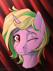Size: 1800x2400 | Tagged: safe, artist:stardustspix, oc, oc only, oc:iron sonata, pony, unicorn, abstract background, bust, cute, female, filly, foal, horn, looking at you, ocbetes, one eye closed, pink coat, pony oc, portrait, red eyes, scar, smiling, two toned mane, unicorn oc, wink, winking at you