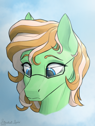 Size: 1800x2400 | Tagged: safe, artist:stardustspix, oc, oc only, oc:sapphie, pegasus, pony, abstract background, blue eyes, bust, cream mane, cute, female, glasses, green coat, looking down, mare, ocbetes, portrait, raised eyebrows, signature, sternocleidomastoid