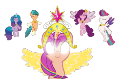 Size: 1136x737 | Tagged: safe, artist:craftycitty, artist:loladreamteam, artist:pastelravenwolf, artist:rainbowlishandjela, hitch trailblazer, izzy moonbow, pipp petals, sunny starscout, zipp storm, alicorn, earth pony, pegasus, pony, unicorn, friendship is magic, g4, g5, my little pony: a new generation, big crown thingy, colored wings, element of generosity, element of honesty, element of laughter, element of loyalty, element of magic, elements of harmony, eyes closed, female, g5 to g4, generation leap, glowing, glowing eyes, group, jewelry, male, mane five, mare, multicolored wings, quintet, race swap, regalia, simple background, smiling, spread wings, stallion, sunnycorn, the elements in action, transparent background, wings