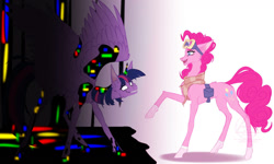 Size: 1154x692 | Tagged: safe, artist:1doshik1, pinkie pie, twilight sparkle, alicorn, earth pony, pony, g4, bag, clothes, corrupted, dusk till dawn, error, female, glitch, goggles, horn, mare, pibby, raised hoof, saddle bag, scarf, shadow, smiling, socks, spread wings, twilight sparkle (alicorn), wings