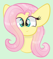 Size: 642x703 | Tagged: safe, artist:sugarcloud12, fluttershy, pegasus, pony, g4, big ears, bust, female, green background, looking at you, mare, portrait, signature, simple background, smiling, smiling at you, solo
