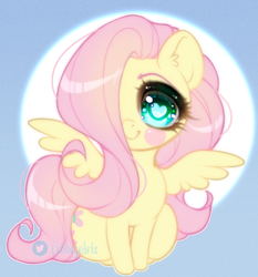 Size: 800x857 | Tagged: safe, artist:cabbage-arts, fluttershy, pegasus, pony, g4, blue background, blushing, cute, female, hair over one eye, heart, heart eyes, looking at you, mare, shyabetes, sitting, smiling, smiling at you, solo, spread wings, wingding eyes, wings