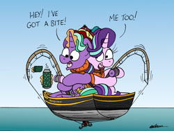 Size: 1024x775 | Tagged: safe, artist:bobthedalek, firelight, starlight glimmer, pony, unicorn, g4, atg 2022, boat, dialogue, duo, duo male and female, epic fail, fail, father and child, father and daughter, female, fishing, fishing hook, fishing rod, glowing, glowing horn, hat, hook, horn, lifejacket, magic, male, mare, newbie artist training grounds, stallion, telekinesis, the little rascals, thermos, this will not end well