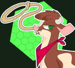 Size: 899x821 | Tagged: safe, artist:nonameorous, artist:uselessgarbage, arizona (tfh), cow, them's fightin' herds, community related, female, green background, grin, lasso, looking at you, rope, side view, simple background, smiling, solo