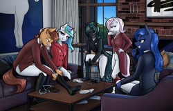 Size: 1199x774 | Tagged: safe, artist:apocheck13, fleur-de-lis, princess celestia, princess luna, queen chrysalis, oc, unicorn, anthro, plantigrade anthro, g4, boots, clothes, equestrian, gloves, horn, indoors, leather, leather boots, riding crop, shoes, stirrups, unicorn oc