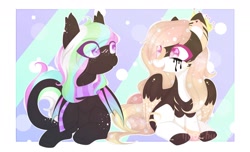 Size: 1280x778 | Tagged: safe, artist:hoochuu, oc, oc only, bat pony, pegasus, pony, abstract background, bat pony oc, clothes, commission, duo, looking at each other, looking at someone, pegasus oc, scarf, sitting, smiling, wings, ych result