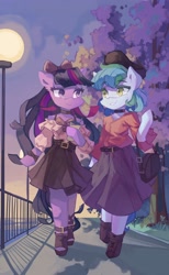 Size: 2516x4096 | Tagged: safe, artist:saxopi, oc, oc:siriusnavigator, earth pony, semi-anthro, arm hooves, bag, belt, bow, bowtie, choker, clothes, commission, drink, drinking straw, duo, duo female, female, fence, hair bow, hat, hoof hold, looking at each other, looking at someone, mare, outdoors, purse, rule 63, seaside, skirt, streetlight, tree, walking