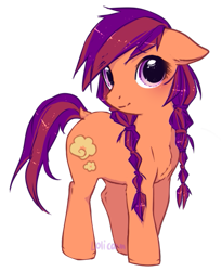 Size: 457x560 | Tagged: safe, artist:serasugee, oc, oc only, oc:poppin' puff, earth pony, pony, braid, female, filly, orange (color), popcorn, purple eyes, simple background, transparent background