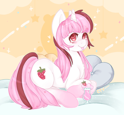 Size: 2000x1852 | Tagged: safe, artist:cartelevision, oc, oc only, pony, unicorn, :p, bed, blushing, heart, heart eyes, lying down, milkshake, multicolored hair, pillow, smiling, solo, tongue out, wingding eyes
