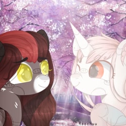Size: 1280x1280 | Tagged: safe, artist:hoochuu, oc, oc only, earth pony, pony, unicorn, bust, commission, duo, earth pony oc, eye clipping through hair, horn, one eye closed, outdoors, smiling, unicorn oc, wink, ych result