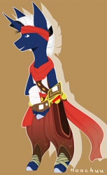 Size: 1280x2095 | Tagged: safe, artist:hoochuu, oc, oc only, oc:shabaco, pony, unicorn, anthro, unguligrade anthro, arm wraps, clothes, commission, crossplay, headband, horn, male, paladins: champions of the realm, scarf, sha lin (paladins), sha-lin, simple background, solo, unicorn oc, ych result