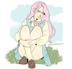 Size: 1200x1147 | Tagged: safe, artist:lonesomecryptid, fluttershy, human, equestria girls, g4, clothes, cloud, eyebrows, female, frown, gijinka, grass, humanized, nail polish, nature, schrödinger's pantsu, shoes, simple background, sitting, skirt, sky, socks, solo