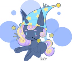 Size: 1280x1085 | Tagged: safe, artist:hoochuu, oc, oc only, earth pony, pony, abstract background, artificial wings, augmented, blush sticker, blushing, commission, earth pony oc, hat, lying down, magic, magic wings, mouth hold, nightcap, prone, simple background, solo, white background, wings, ych result