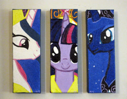 Size: 1013x789 | Tagged: safe, artist:kittychanann, princess celestia, princess luna, twilight sparkle, alicorn, pony, g4, big crown thingy, crown, element of magic, female, jewelry, mare, painting, regalia, smiling, triptych, twilight sparkle (alicorn)