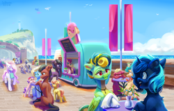 Size: 2266x1446 | Tagged: safe, artist:teaflower300, hitch trailblazer, kenneth, sprout cloverleaf, sunny starscout, oc, earth pony, pegasus, pony, unicorn, g5, bag, cloud, female, floppy ears, flower, foal, lighthouse, male, mare, maretime bay, mouth hold, smoothie stand, stallion, sunny's smoothie stand, table, unshorn fetlocks