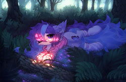 Size: 1280x835 | Tagged: safe, artist:astralblues, oc, oc only, oc:butterfly effect, pegasus, pony, clothes, dappled sunlight, eye clipping through hair, forest, hoodie, looking at you, lying down, one eye closed, pegasus oc, prone, signature, smiling, smiling at you, socks, solo, wink, winking at you