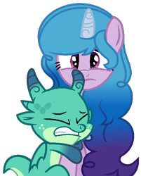 Size: 592x735 | Tagged: safe, artist:loladreamteam, izzy moonbow, sparky sparkeroni, dragon, pony, unicorn, g4, g5, my little pony: a new generation, my little pony: make your mark, spoiler:g5, spoiler:my little pony: make your mark, baby, baby dragon, base used, duo, female, g5 to g4, generation leap, mare, scared, simple background, transparent background