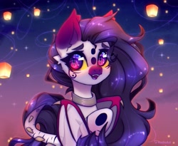 Size: 2861x2348 | Tagged: safe, artist:radioaxi, oc, oc only, bat pony, pony, bat pony oc, colored eyebrows, colored eyelashes, folded wings, high res, jewelry, long hair, mask, necklace, open mouth, sky lantern, slit pupils, solo, wings