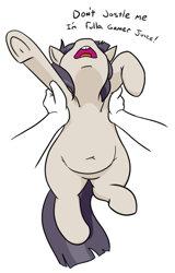 Size: 532x830 | Tagged: safe, artist:jargon scott, oc, oc only, oc:dot matrix, earth pony, human, pony, belly button, bucktooth, chubby, female, holding a pony, mare, nose in the air, offscreen character, open mouth, pov, shaking, simple background, solo focus, squishy, underhoof, white background
