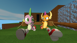Size: 1920x1080 | Tagged: safe, artist:php170, smolder, spike, dragon, g4, 3d, amy rose, boots, clothes, clothes swap, converse, crossover, dragons wearing clothes, duo, foreshortening, green hill zone, looking at each other, looking at someone, looking at you, male, miles "spike" prower, miles "tails" prower, running, shoes, smiling, smiling at you, smolder rose, sneakers, sonic generations, sonic the hedgehog (series), source filmmaker