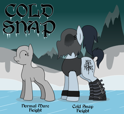 Size: 2996x2768 | Tagged: safe, artist:legendoflink, oc, oc only, oc:cold snap, earth pony, pony, black metal, blackletter, boots, clothes, earth pony oc, female, high res, ice, mare, mask, reference sheet, shirt, shoes, short tail, sleeveless, snow, standing, tail, wingding eyes, winter, wristband