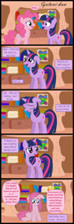 Size: 1615x4877 | Tagged: safe, artist:gutovi, pinkie pie, trixie, twilight sparkle, earth pony, pony, unicorn, comic:grace pinkie, g4, book, bookshelf, cape, clothes, comic, crossover, dialogue, egg, eyes closed, female, floppy ears, gak, golden oaks library, hat, horn, looking down, mare, nickelodeon, parody, pinkamena diane pie, sad, sitting, slime, smiling, speech bubble, text, trixie's cape, trixie's hat, unicorn twilight, when she doesn't smile