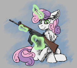 Size: 1488x1312 | Tagged: safe, artist:reddthebat, sweetie belle, pony, unicorn, g4, chest fluff, female, filly, fn fal, foal, frog (hoof), glowing, glowing horn, gun, horn, magic, rifle, solo, telekinesis, this will end in tears and/or death and/or covered in tree sap, underhoof, weapon