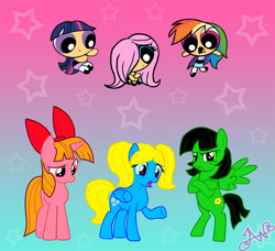 Size: 800x730 | Tagged: safe, artist:bast-incarnation, fluttershy, rainbow dash, twilight sparkle, human, pegasus, pony, unicorn, g4, bipedal, blossom (powerpuff girls), bow, bubbles (powerpuff girls), buttercup (powerpuff girls), confused, crossed hooves, crossover, female, hair bow, horn, humanized, mare, multicolored hair, pigtails, ponified, powerpuffified, rainbow hair, shocked, signature, species swap, spread wings, stars, the powerpuff girls, unamused, wings