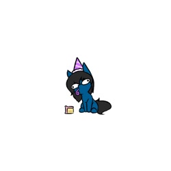 Size: 1000x1000 | Tagged: safe, artist:rice, oc, oc only, oc:blue pone, earth pony, pony, cake, chibi, derp, food, hat, party hat, party horn, simple background, solo, wall eyed, white background