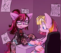 Size: 1495x1284 | Tagged: safe, artist:sidruni, ebony darkness, toola roola, toola-roola, pony, g3, g3.5, 2011 special edition pony, concentrating, female, lesbian, sweat, tattoo artist, tattoo pony, tongue out, wavy mouth