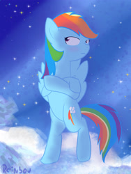 Size: 3000x4000 | Tagged: safe, artist:reinbou, rainbow dash, pegasus, pony, g4, bipedal, blushing, cloud, crossed hooves, female, flying, light, mare, night, sky, solo, standing on two hooves, stars