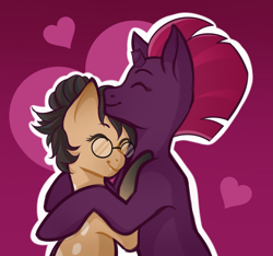 Size: 2361x2208 | Tagged: safe, artist:vatutina, tempest shadow, oc, oc:nixie tube, bat pony, earth pony, hybrid, pony, unicorn, g4, broken horn, coat markings, commission, dappled, duo, glasses, heart, high res, horn, hug, shipping, smiling, socks (coat markings), ych result